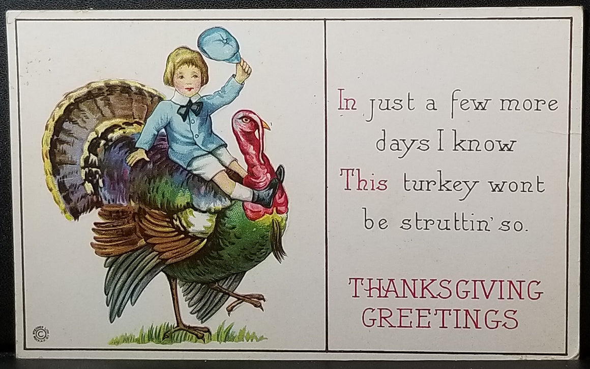 Thanksgiving Postcard Little Boy in Blue Riding Giant Turkey Stecher Publishing