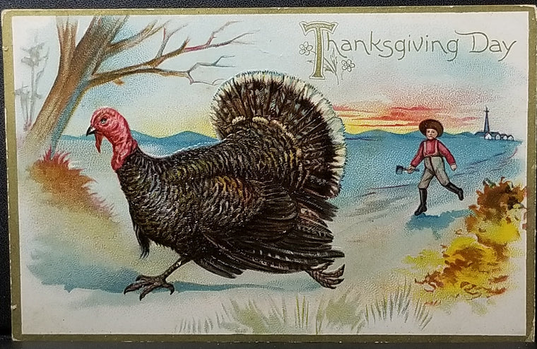 Thanksgiving Postcard Little Boy Chasing Turkey Down Road Tuck Publishing Series 123