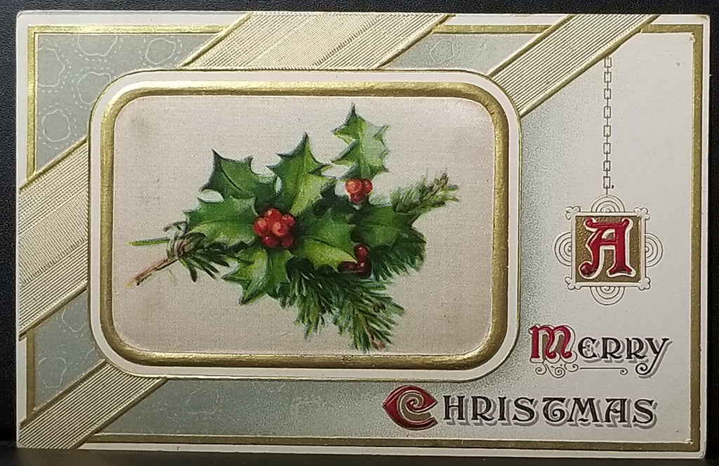 Christmas Postcard Gold Embossed Silk Background Behind Holly Series 935 Germany