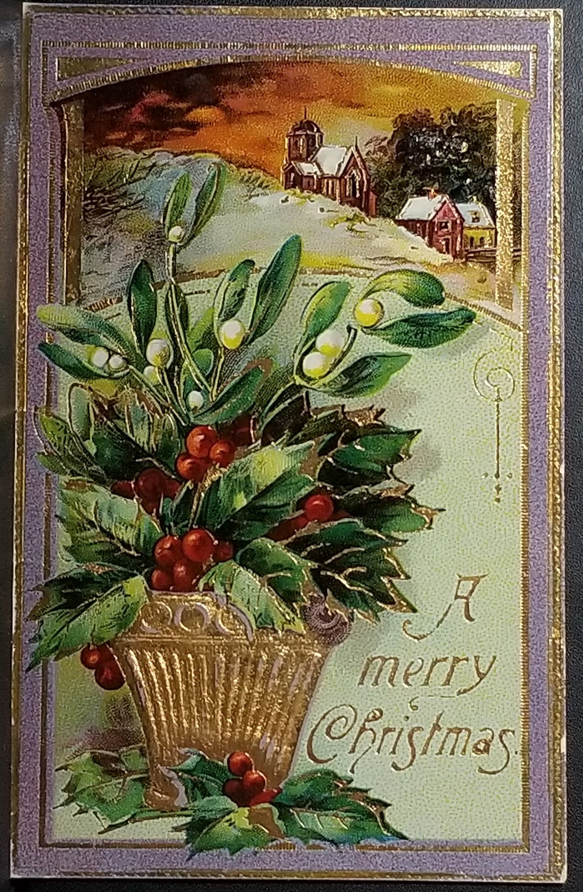 Christmas Postcard Gold Foil Basket of Holly with House Landscape in Snow Series 18 Gel Finish