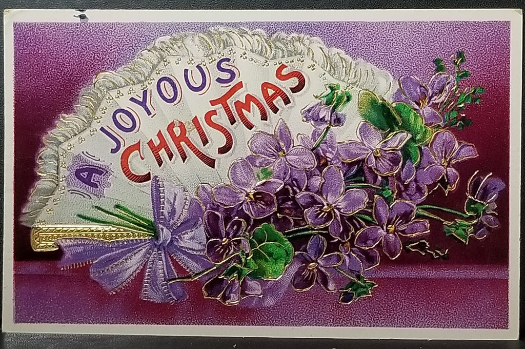 Christmas Postcard Gel Finish Embossed Gold Fan with Purple Violets Series 7152
