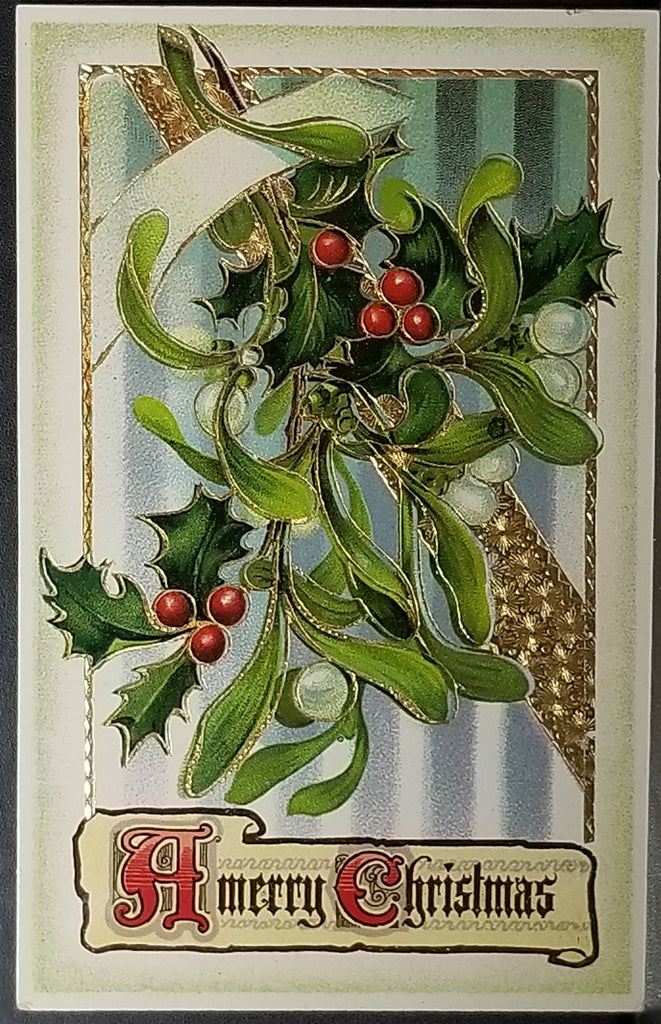 Christmas Postcard Gel Finish Gold Embossed with Holly & Ribbon