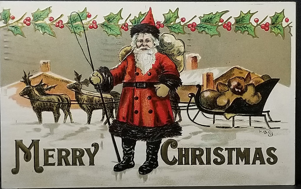 Christmas Postcard Santa Claus with Sleigh & Reindeer Gold Colors Embossed Series 2264 Artist HBG Griggs