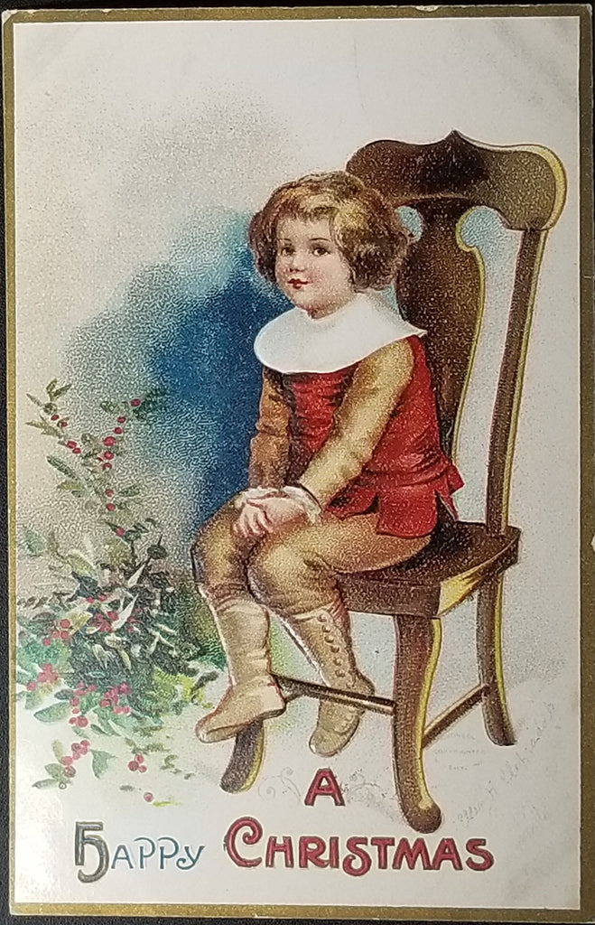 Christmas Postcard Artist Ellen Clapsaddle Child Seated in Chair with Holly