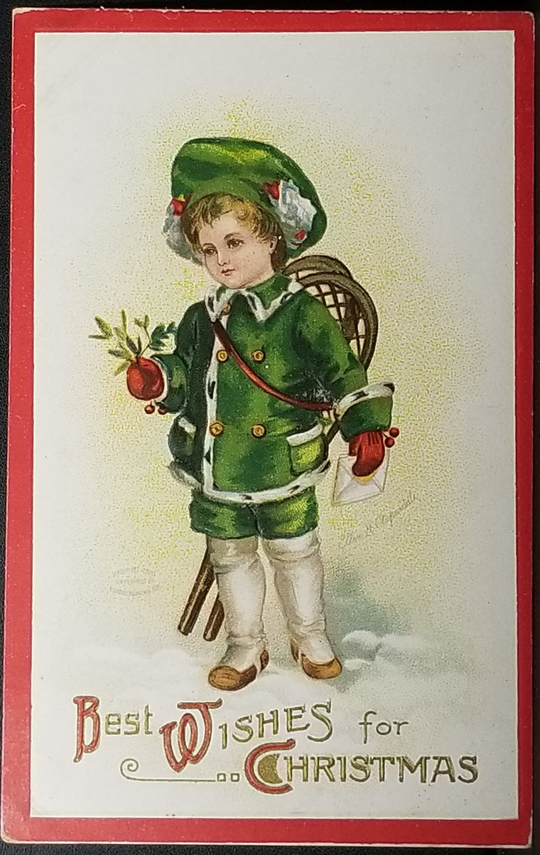 Christmas Postcard Artist Ellen Clapsaddle Child Dressed in Green Carrying Snowshoes Series 1211