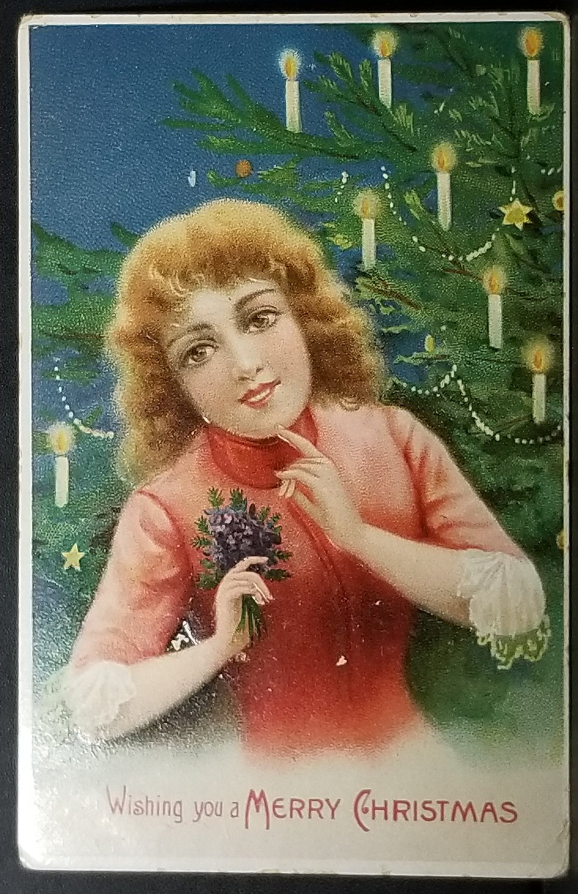 Christmas Postcard Victorian Woman with Tree Covered in Candles