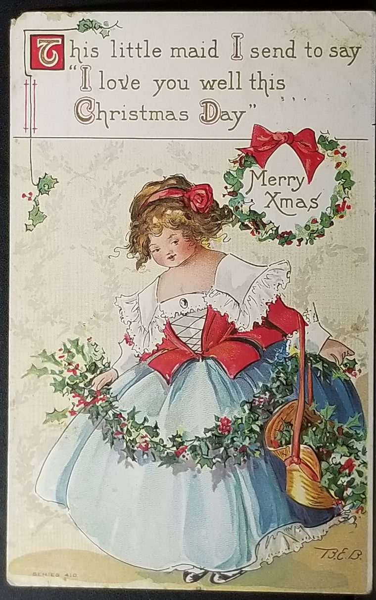 Christmas Postcard Little Girl Dressed Up with Holly Basket Artist Bertha Blodgett BEB Series 410