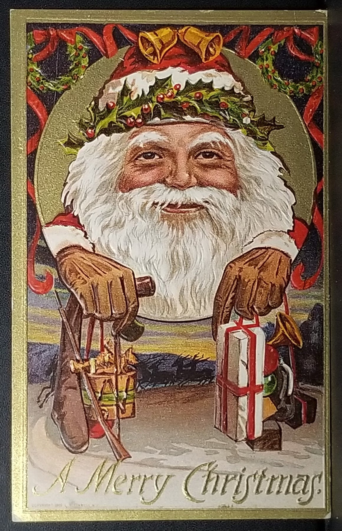 Christmas Postcard Giant Santa Claus Face Reaching Out Holding Presents Series 273