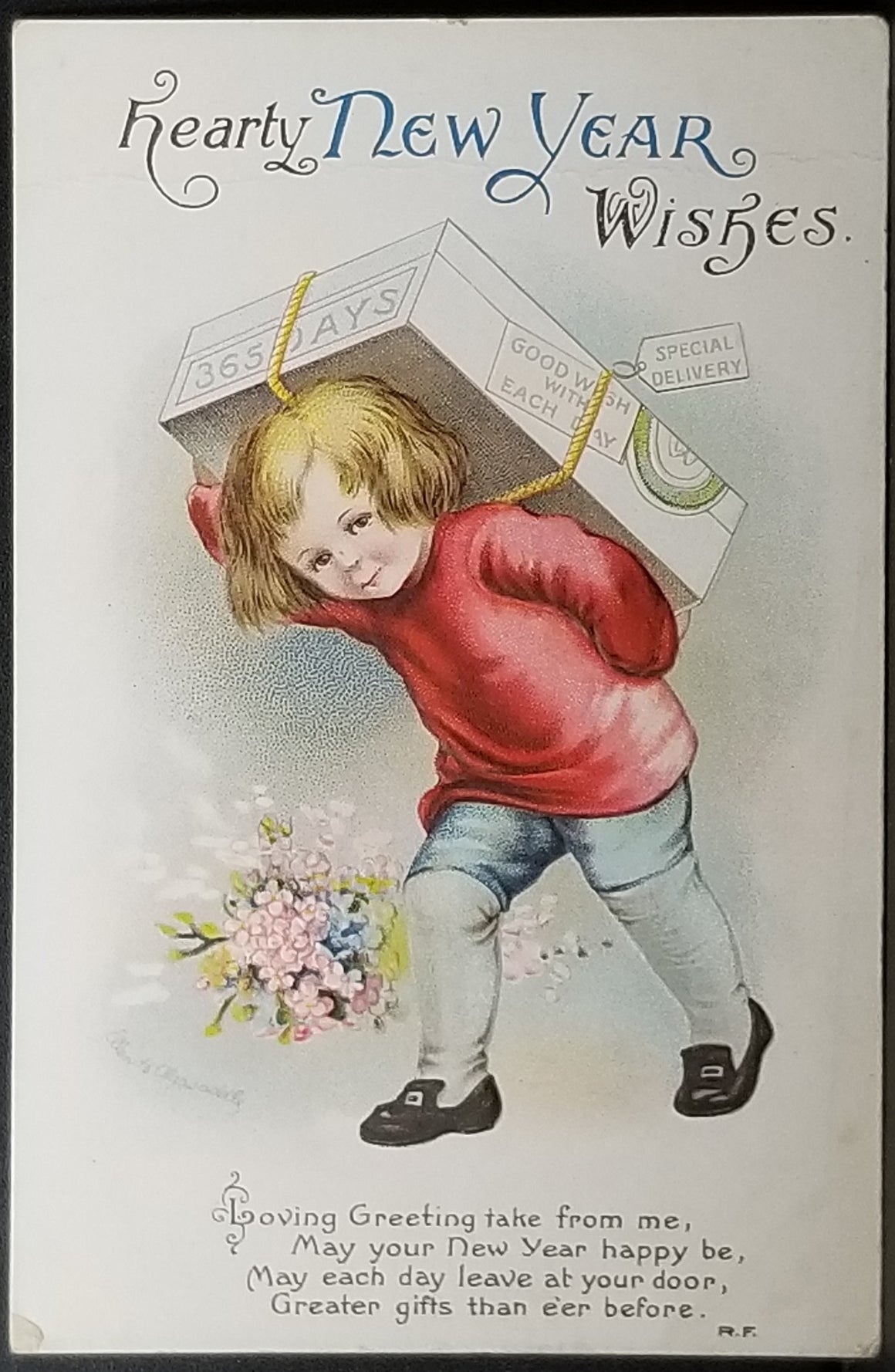 New Year Postcard Child Carrying Special Delivery Box Series 1882 Artist Ellen Clapsaddle