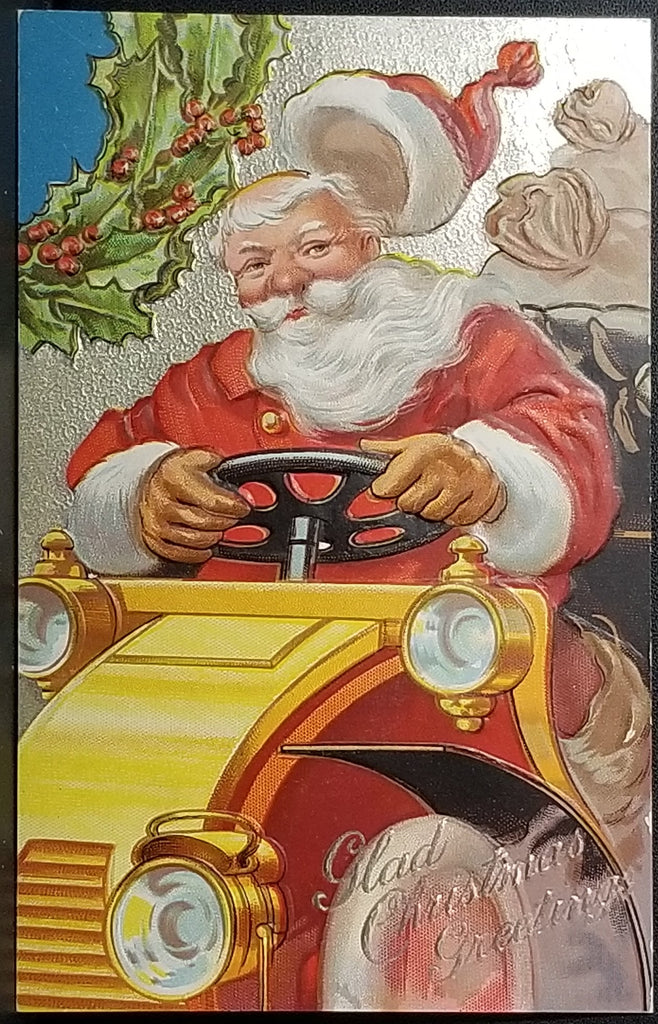 Christmas Postcard Santa Claus Driving Car Silver Background Series NO 2