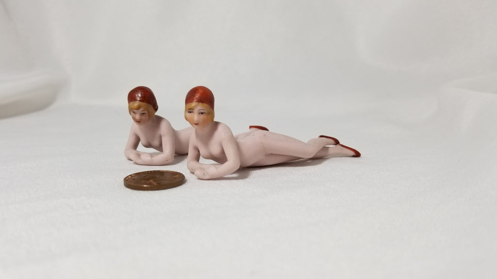Pair of Art Deco German Porcelain Bisque Bathing Beauty Flapper Figurines