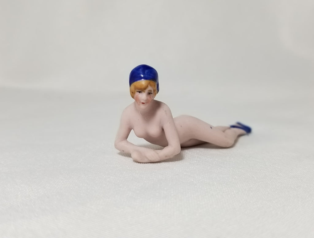 Art Deco German Porcelain Bisque Bathing Beauty Flapper Figurine Blue Slippers