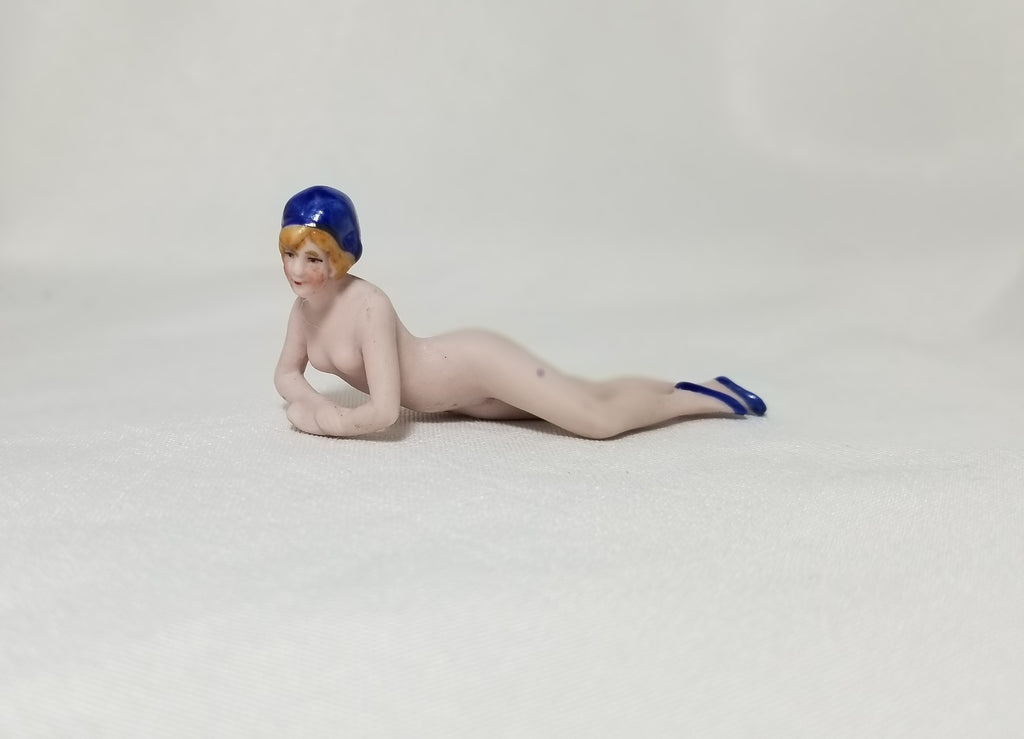 Art Deco German Porcelain Bisque Bathing Beauty Flapper Figurine Blue Slippers