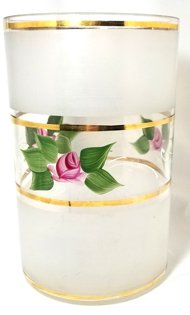 Vintage Mid Century Glass Vase Frosted Enamel Floral Painted Roses Gold Trim Large Cylinder Form