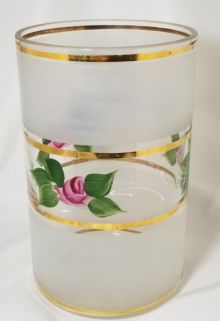 Vintage Mid Century Glass Vase Frosted Enamel Floral Painted Roses Gold Trim Large Cylinder Form
