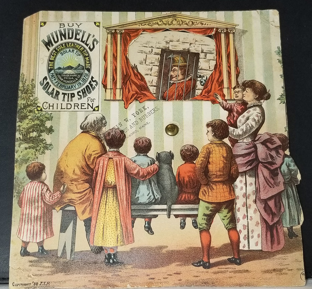 Antique Advertising Trade Card RARE 1888 Mundell's Solar Tip Shoes For Children Chromolithograph Punch Judy Mechanical Toy
