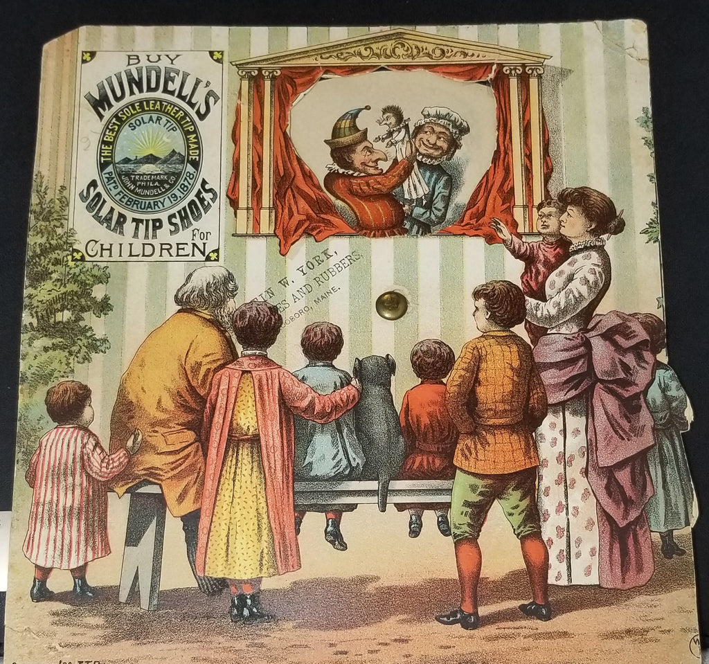 Antique Advertising Trade Card RARE 1888 Mundell's Solar Tip Shoes For Children Chromolithograph Punch Judy Mechanical Toy