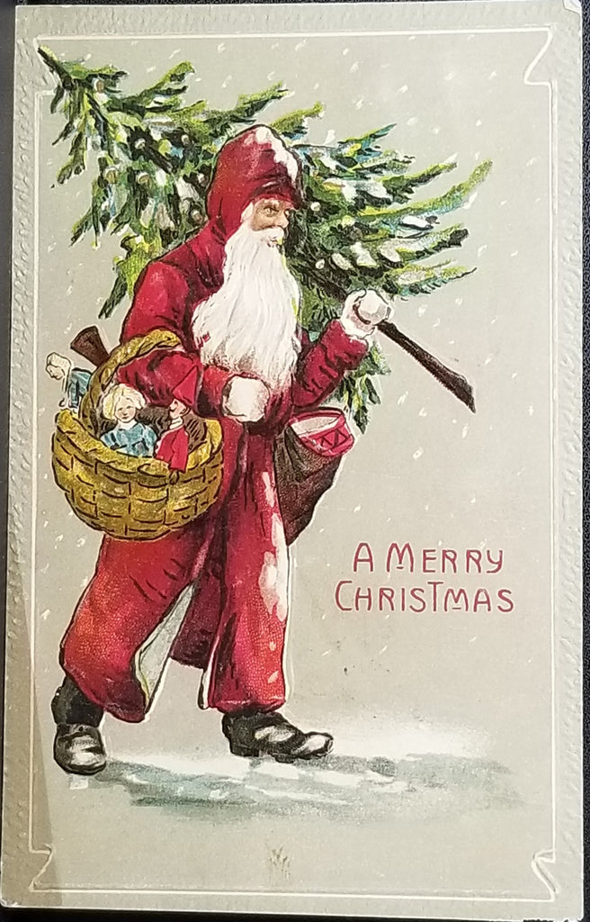Christmas Postcard Old World Santa Claus Carrying Tree and Basket of Toys EBC 1810