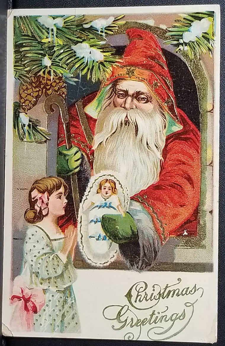 Christmas Postcard Old World Santa Claus Handing Doll to Child Through Window Gold Highlights