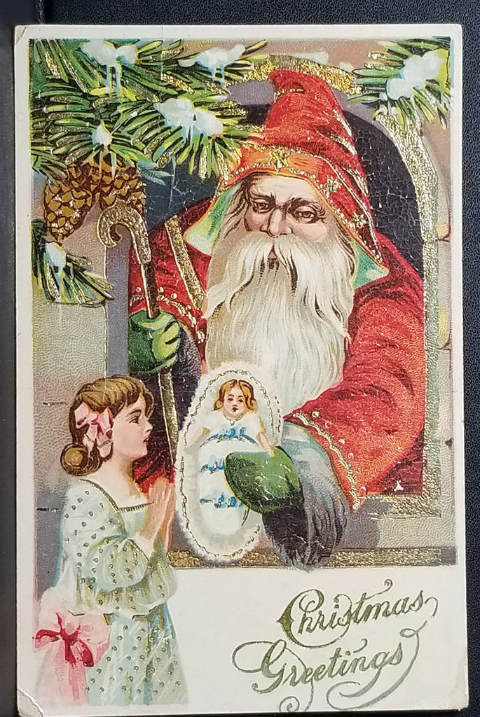 Christmas Postcard Old World Santa Claus Handing Doll to Child Through Window Gold Highlights
