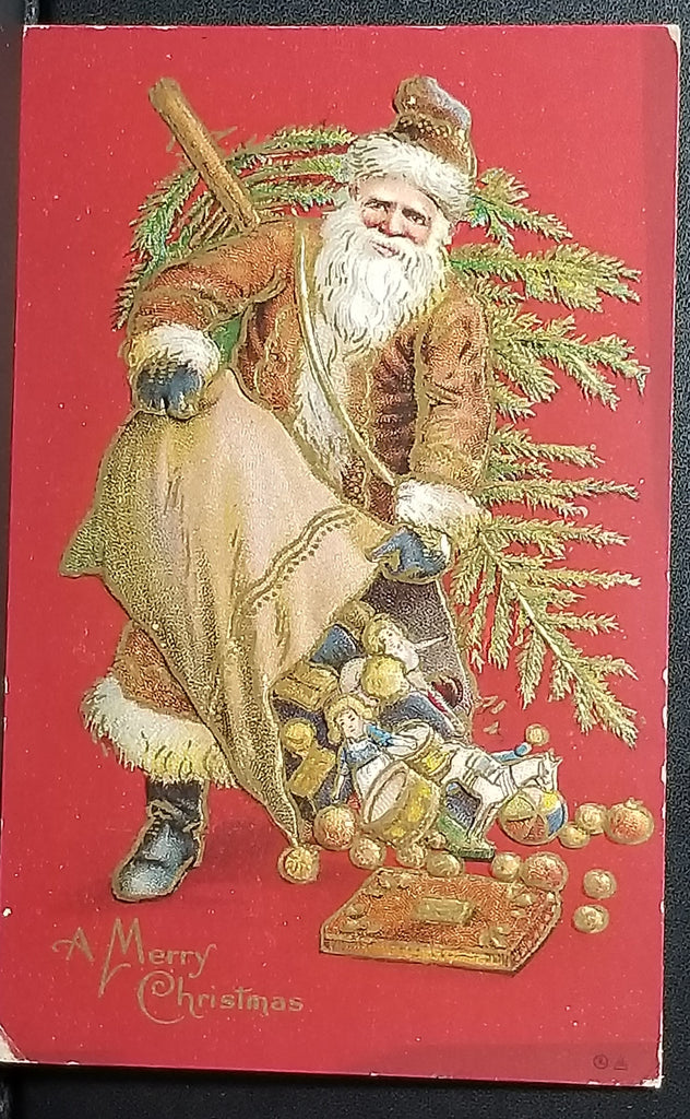 Christmas Postcard Old World Santa Claus in Brown Robe with Tree and Gifts Red Background