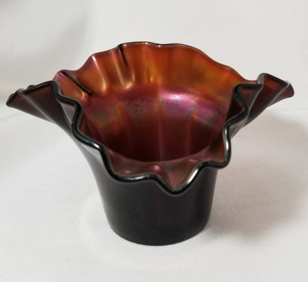 Dugan Black Amethyst Carnival Glass Ten Panel Hat Vase Ruffle Rim