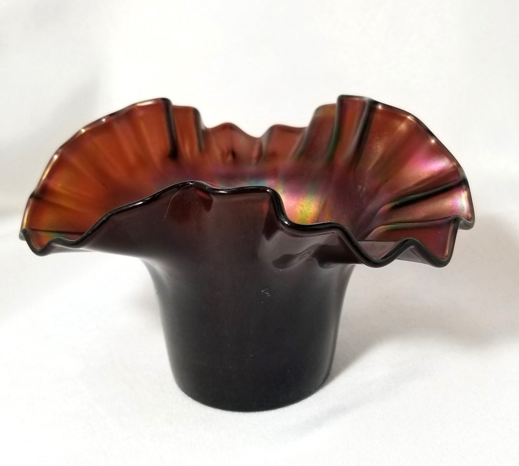 Dugan Black Amethyst Carnival Glass Ten Panel Hat Vase Ruffle Rim
