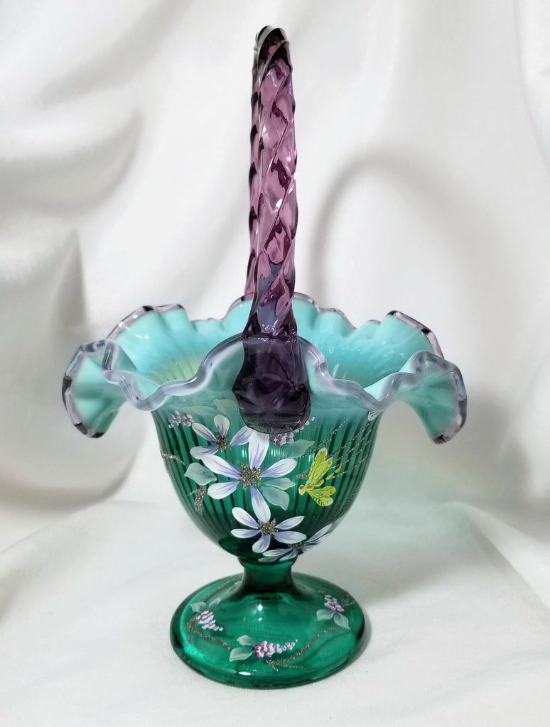 Fenton Glass New Century XXI Dragonfly Floral Signed Basket with Original Box Never Displayed