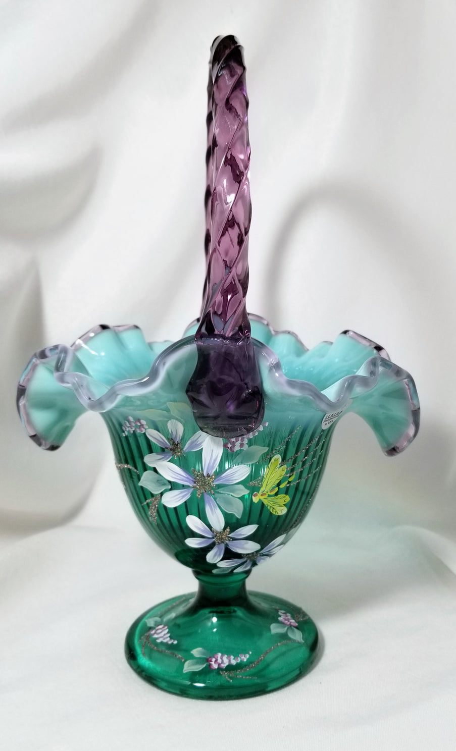 Fenton Glass New Century XXI Dragonfly Floral Signed Basket with