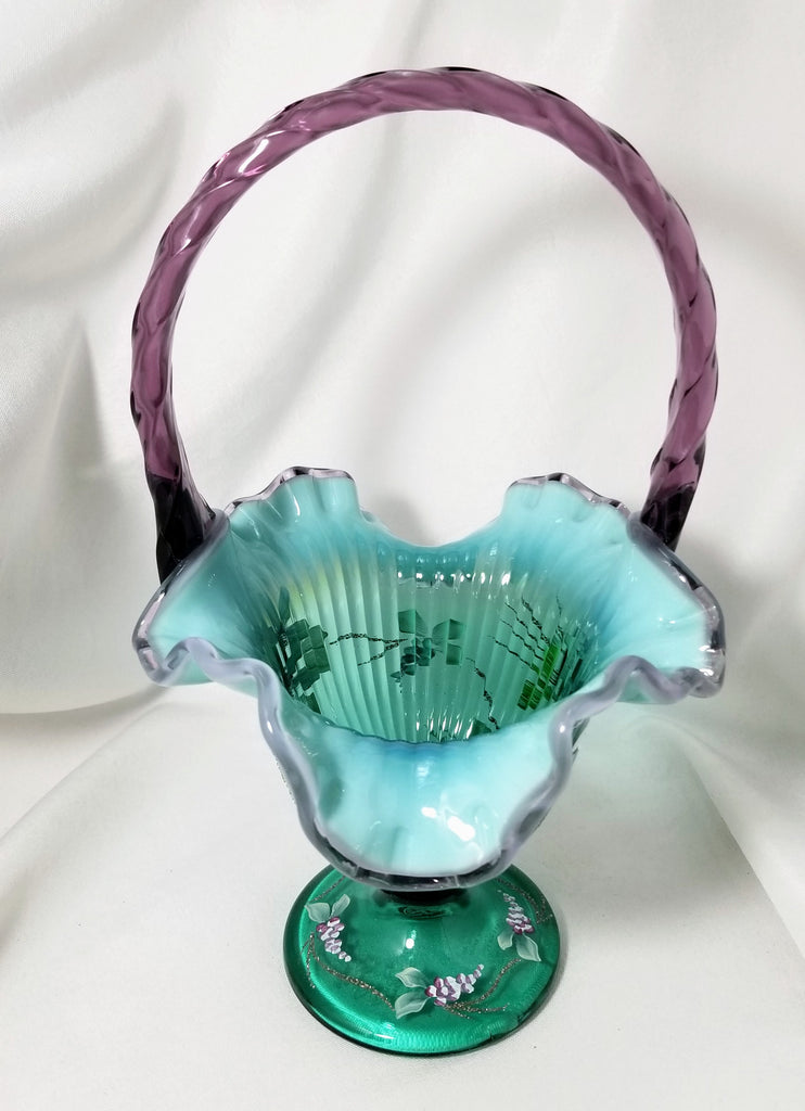 Fenton Glass New Century XXI Dragonfly Floral Signed Basket with Original Box Never Displayed