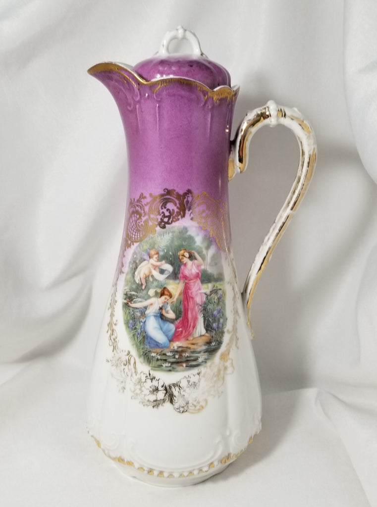 Royal Bavarian Porcelain Chocolate Pot Romantic Allegorical Scene Cupid & Maidens