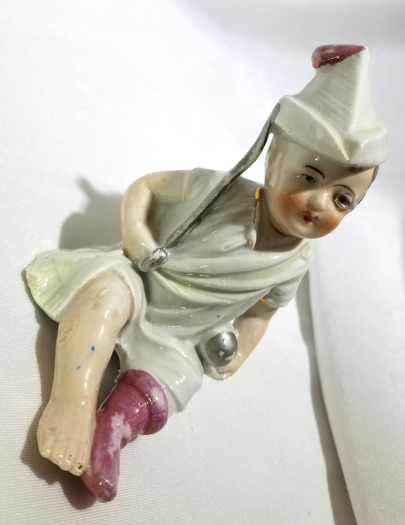 Vintage Piano Baby Hand Painted Porcelain Figurine Boy in Sock Holding Toy Ball & Stick