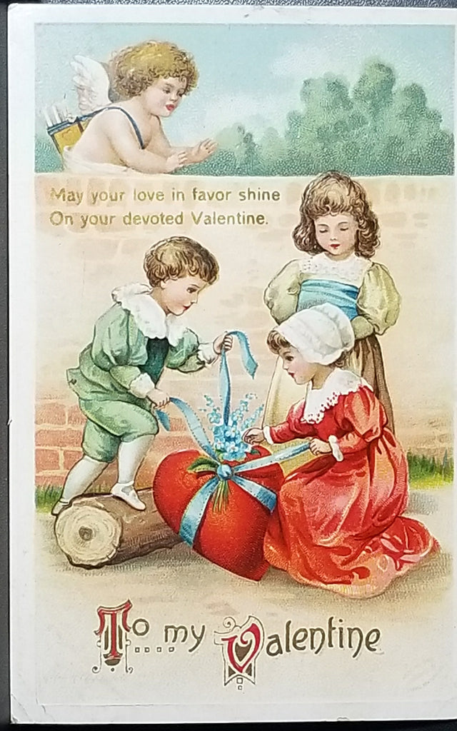 Valentine Postcard Ellen Clapsaddle IAP Series 1245 Children Tying Heart Cupid Watching Above