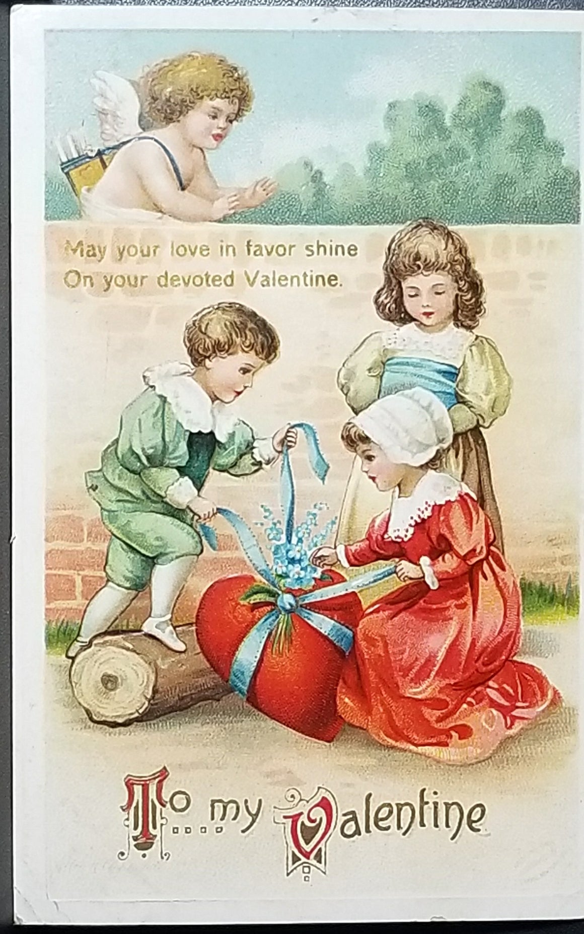 Valentine Postcard Ellen Clapsaddle IAP Series 1245 Children Tying Heart Cupid Watching Above