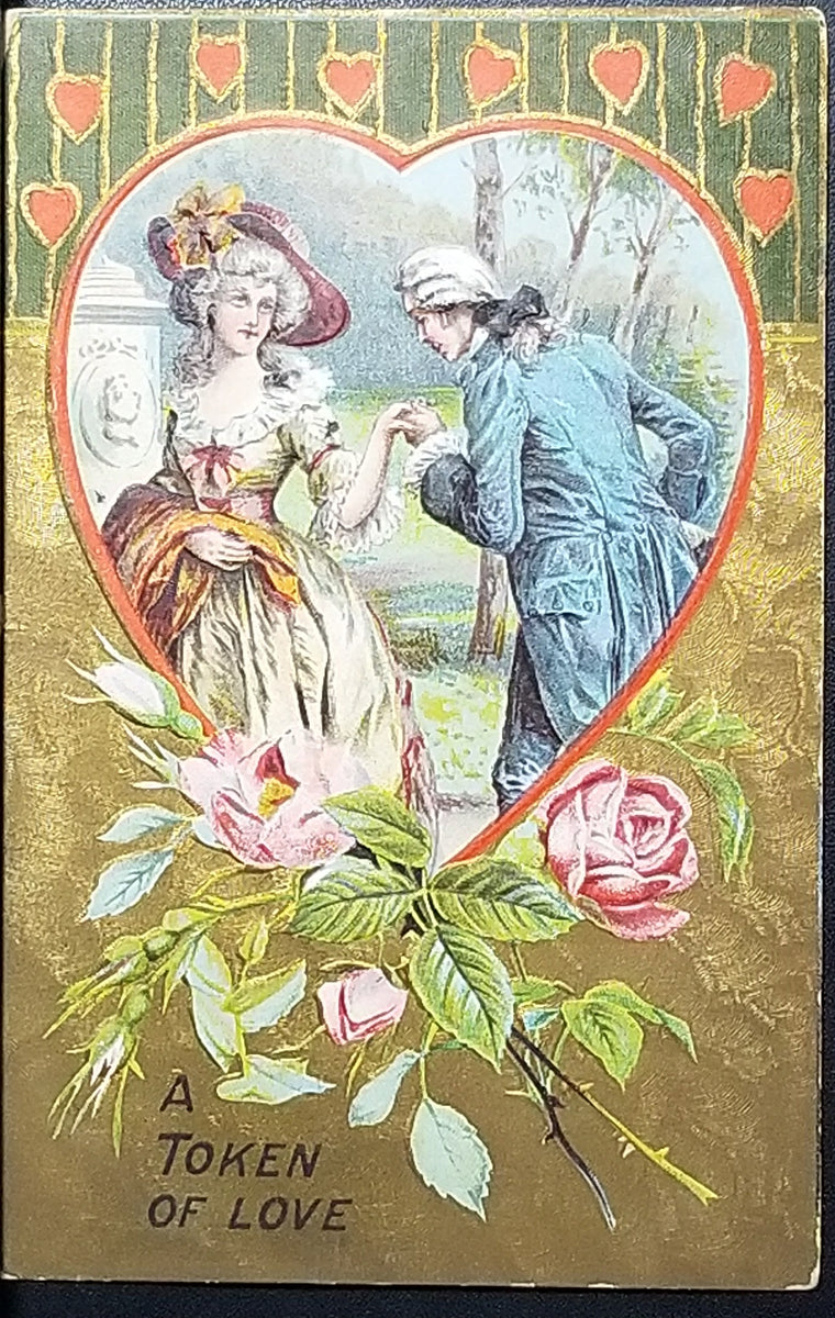Valentine Postcard Gold Background Courting Couple in Victorian Dress