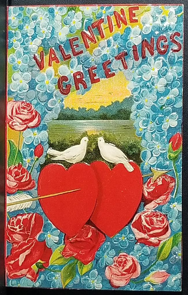 Valentine Postcard Embossed with Gel Finish Doves Over Giant Red Heart with Blue Flowers