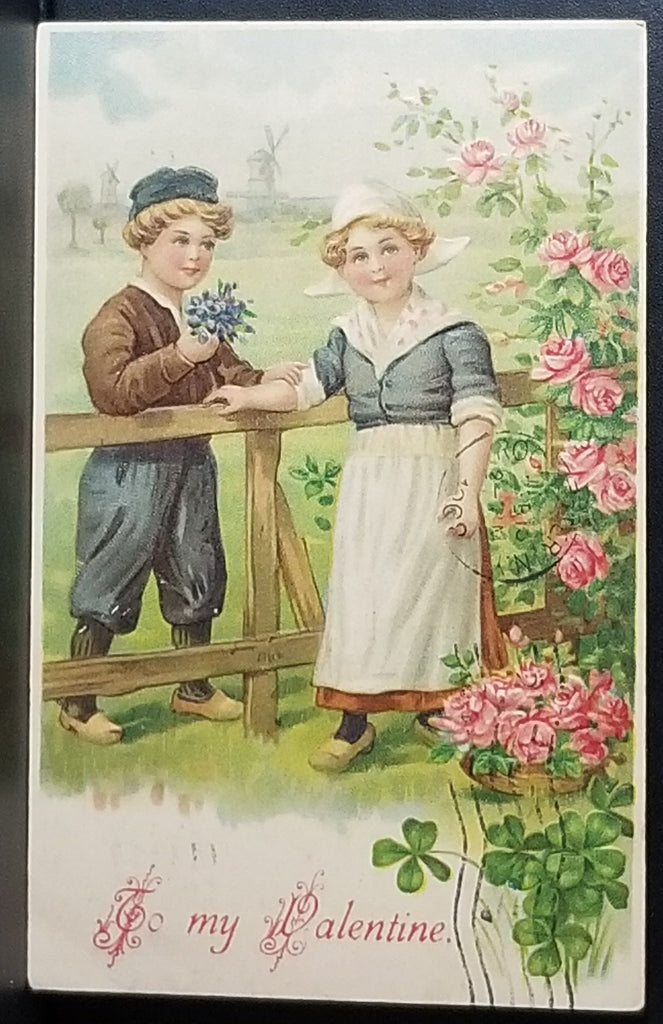 Valentine Postcard Dutch Dressed Children in Flower Garden Series 311 Germany