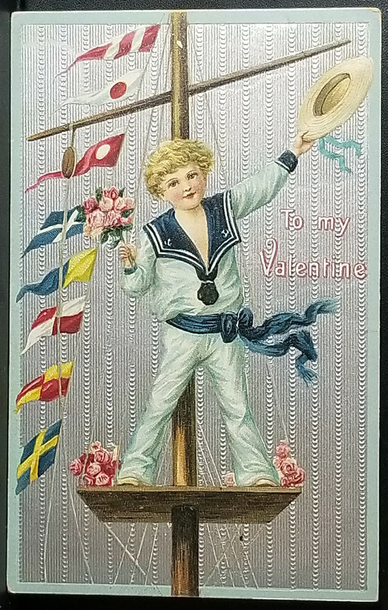 Valentine Postcard Boy in Blue Sailor Suit Atop Crow's Nest Silver Background Series 748