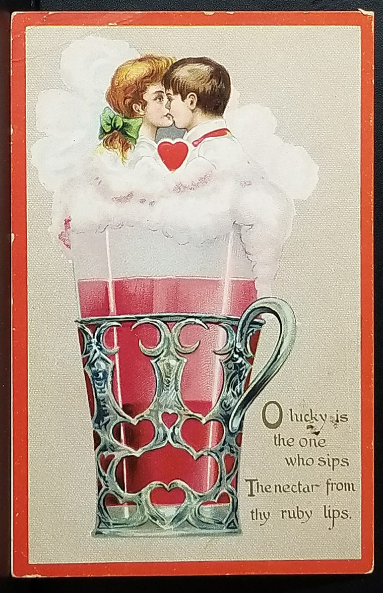 Valentine Postcard Kissing in Pink Bubbly Mug Love's Tributes Raphael Tuck Pub No 5