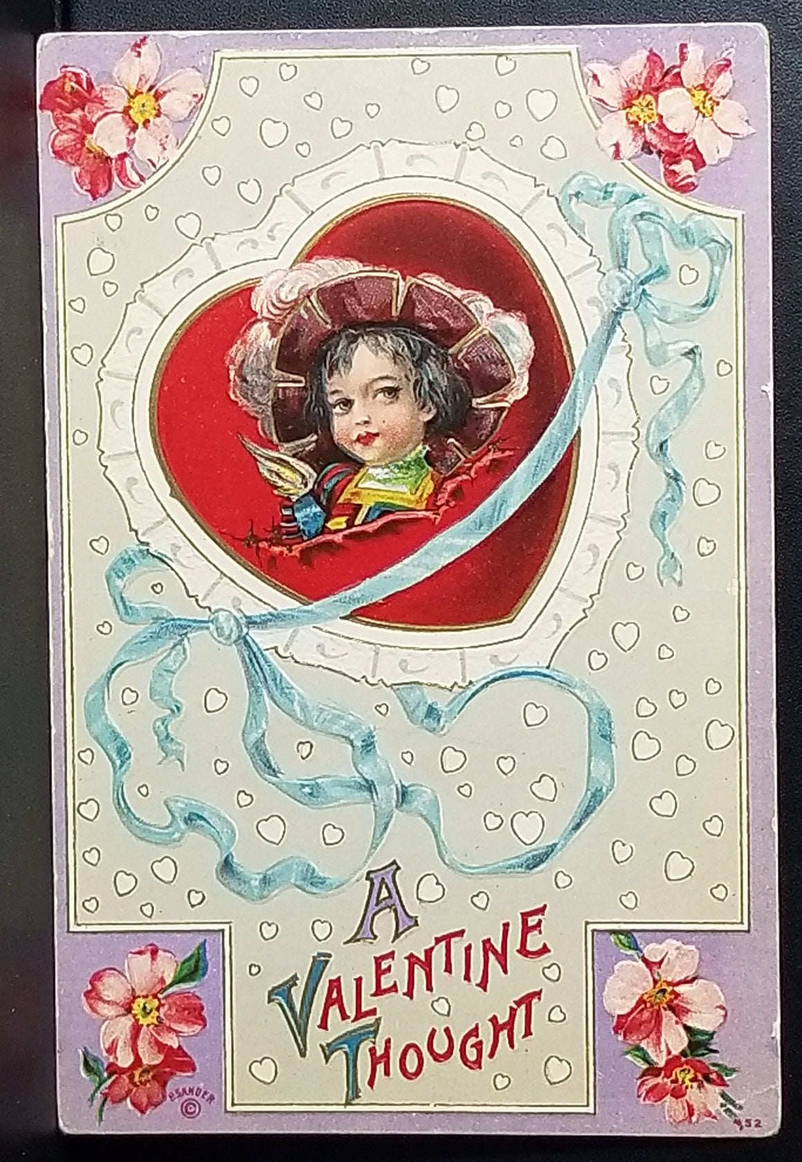 Valentine Postcard Little Girl n Red Hearts Lavender Purple Background Corner Flowers