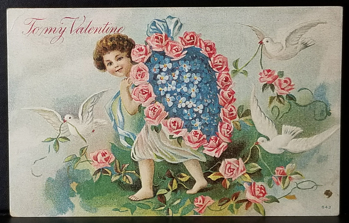 Valentine Postcard Little Girl Carrying Flower Heart on Back Surrounded by Doves Series 643