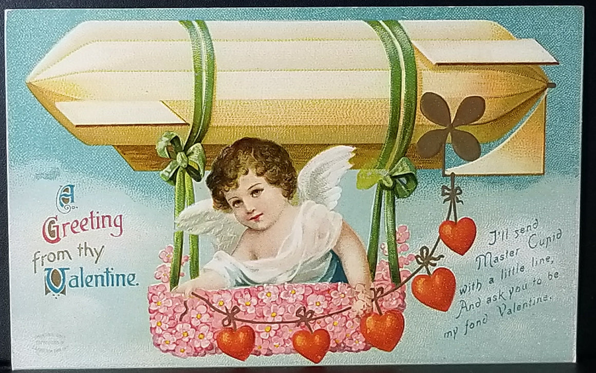 Valentine Postcard Little Girl in Zeppelin Dirigible Airplane Flower Balloon Ellen Clapsaddle Series 1035