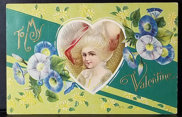 Valentine Postcard Colonial Series Woman Portrait in Heart Gold Background Embossed Flowers