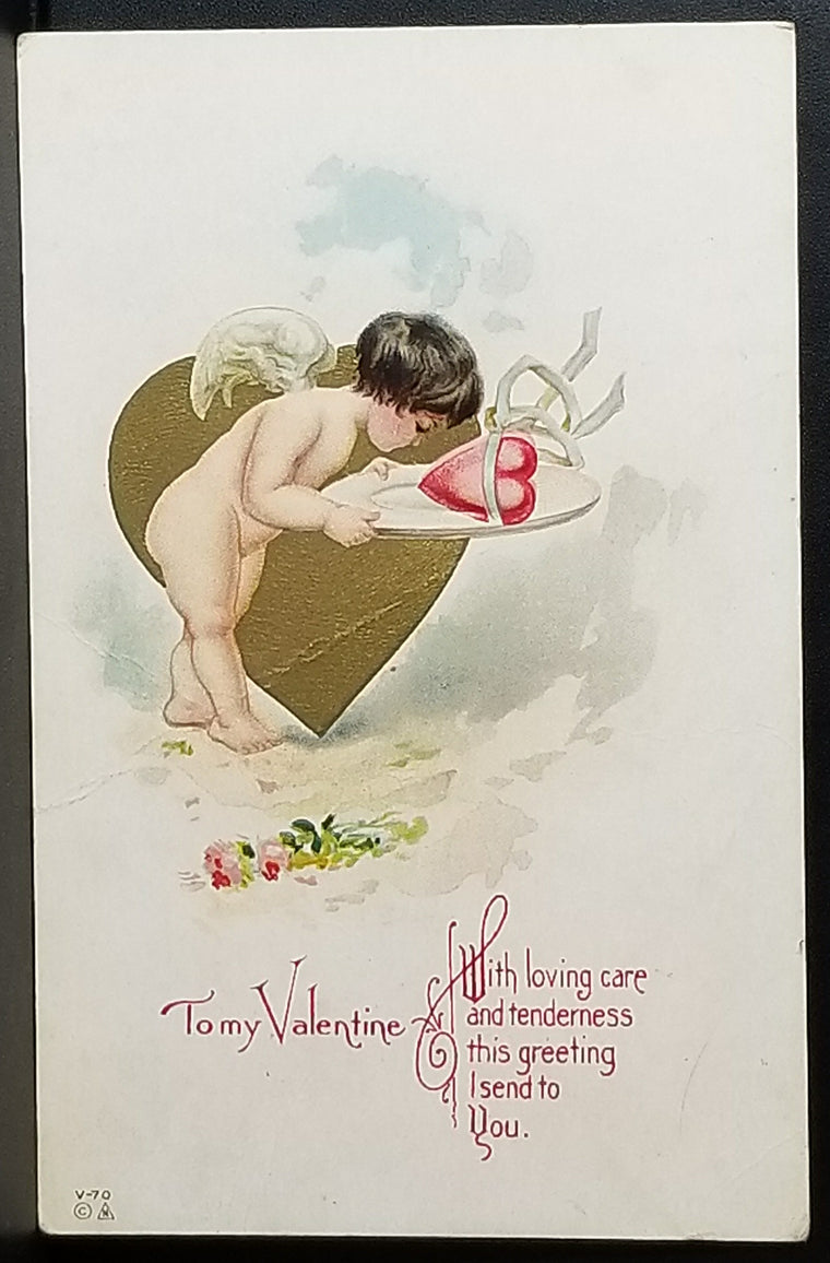 Valentine Postcard Cupid Serving Heart on Platter