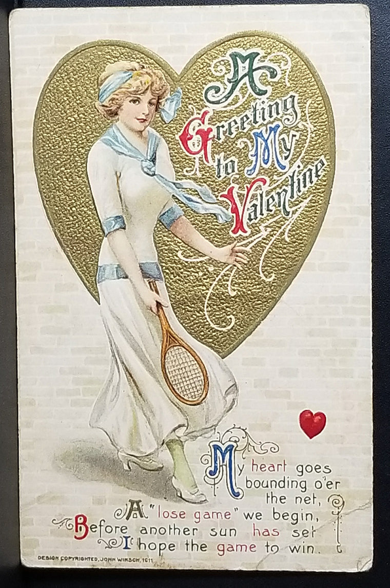 Valentine Postcard Art Nouveau Woman Playing Tennis John Winsch Pub Artist Schmucker