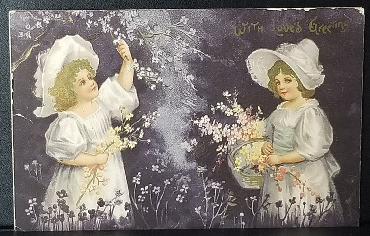 Valentine Postcard Art Nouveau Card Children Picking Blossoms Purple Background Early Ellen Clapsaddle IAP Card