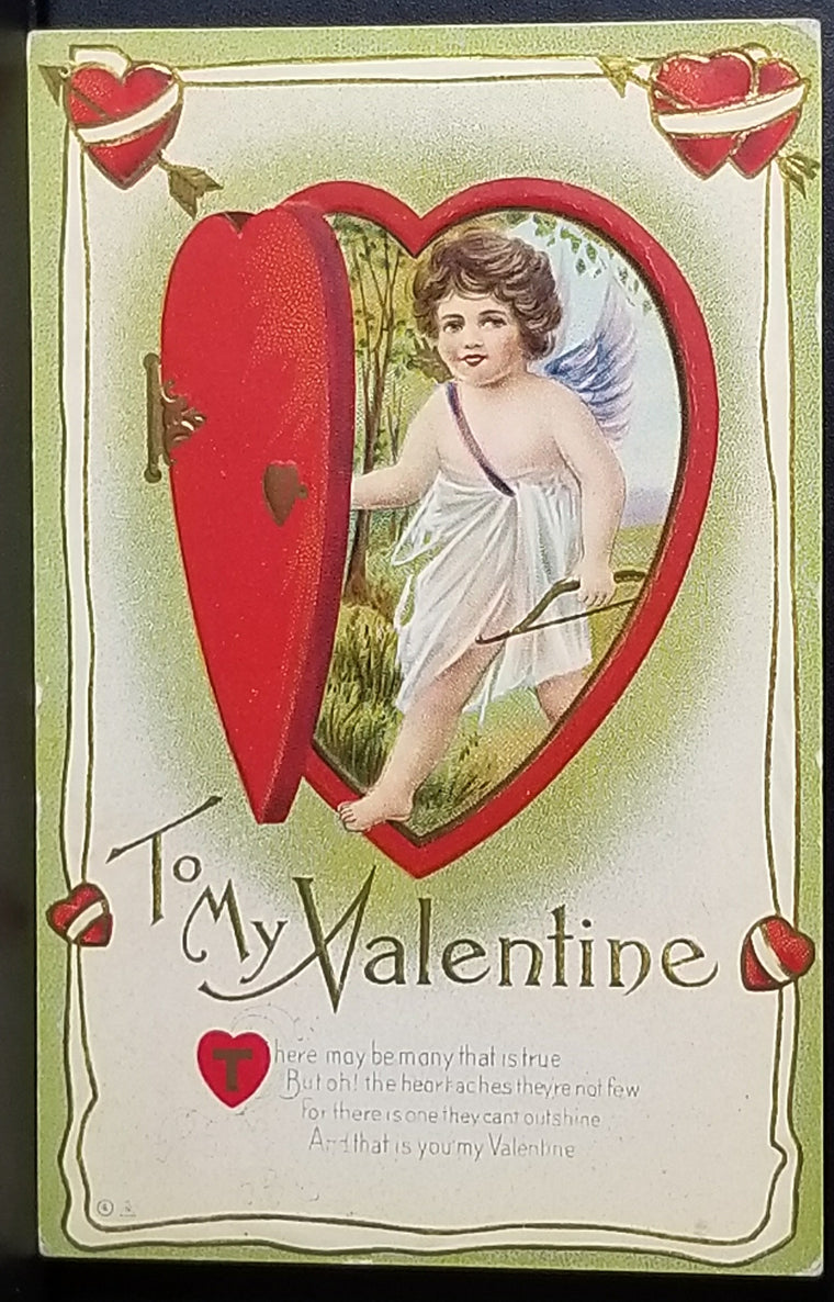 Valentine Postcard Cupid Walking Through Red Heart Door Series No 4