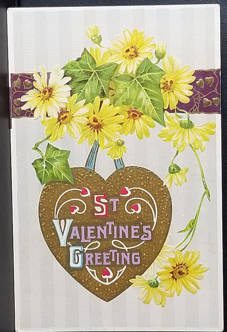 Valentine Postcard Gold Hanging Heart with Flowers Art Nouveau Style