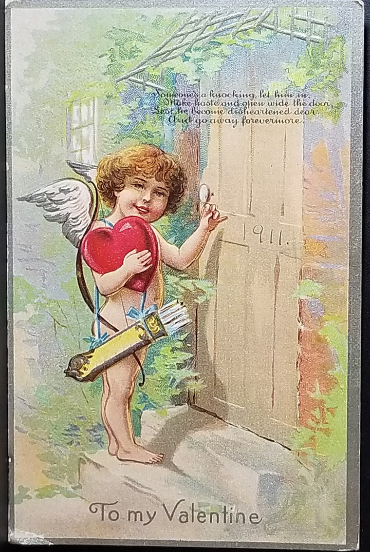 Valentine Postcard Cupid Holding Heart Knocking on Door Series No 1