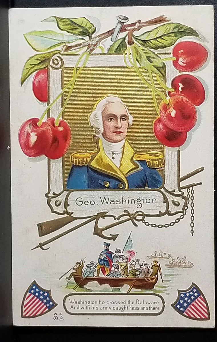 Patriotic Postcard George Washington Portrait Against Gold Hanging Cherries & Crossing the Delaware